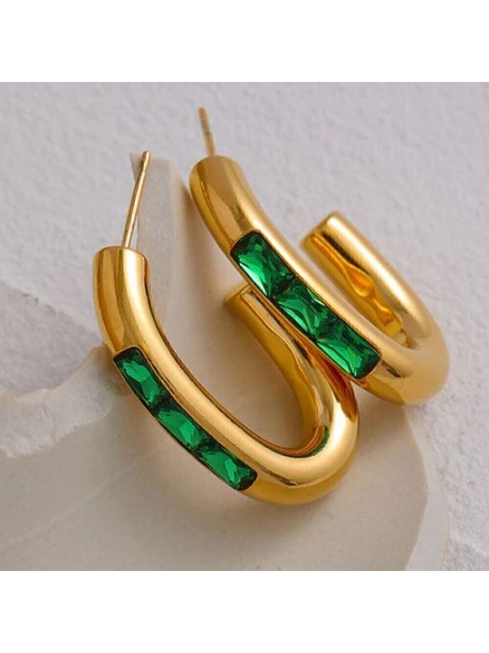 Gold Plated Emerald Cubic Zirconia Hoop Earrings